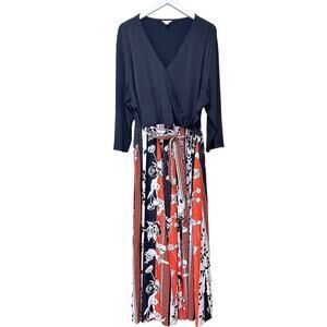 Cato Est. 1946 Black Multicolor Tie Belt 3/4 Sleeve V-Neck Maxi Dress Sz 22/24W